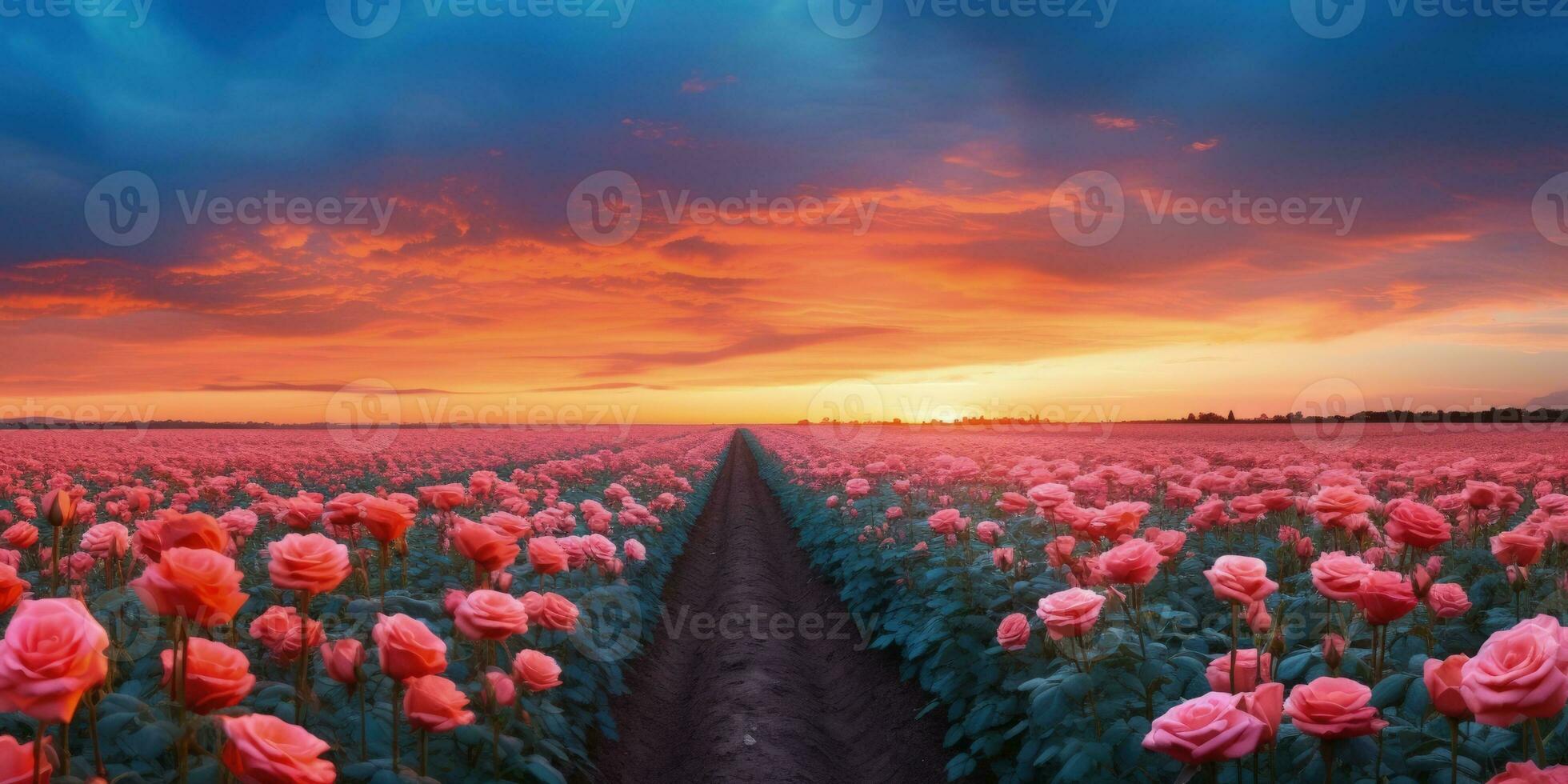 ai generado Rosa campo en el amanecer Mañana con hermosa cielo foto