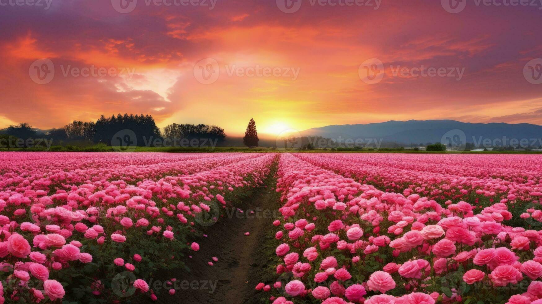 AI generated Rose field in the sunrise morning with beautiful sky photo