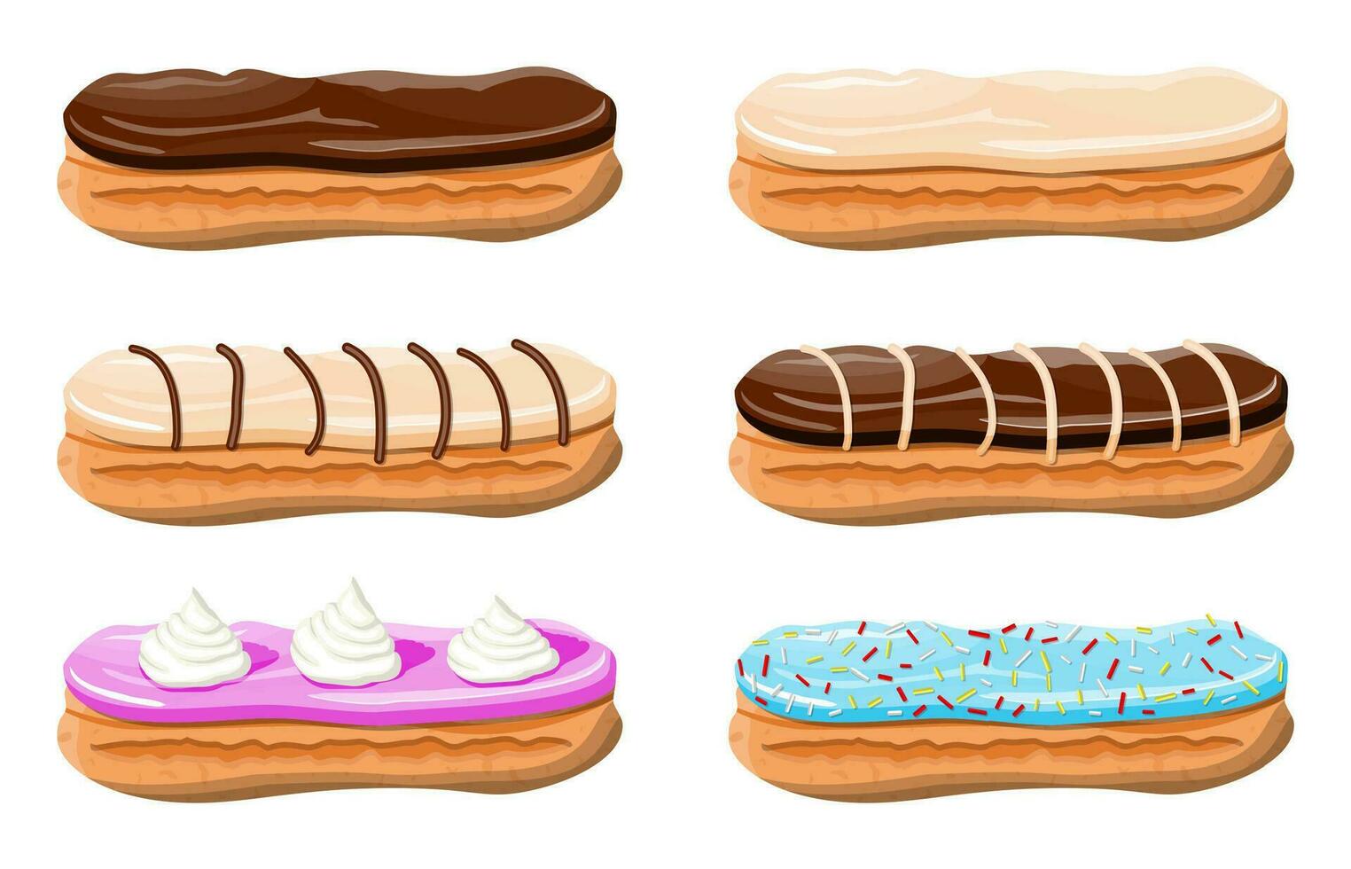 eclair fabricación de cerveza pastel colocar. dulce eclair con chocolate vidriar y lactoso crema. sabroso postre. un pan horneado alimento. panadería comercio, Pastelería. vector ilustración en plano estilo