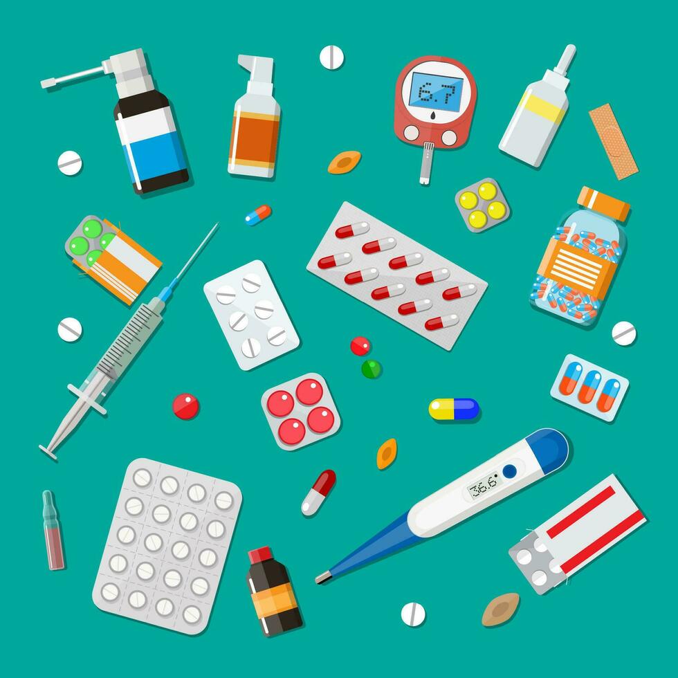 Medicine pills capsules and bottles and healthcare devices. Tablets in flat style. Medical icons set. Vector illustration