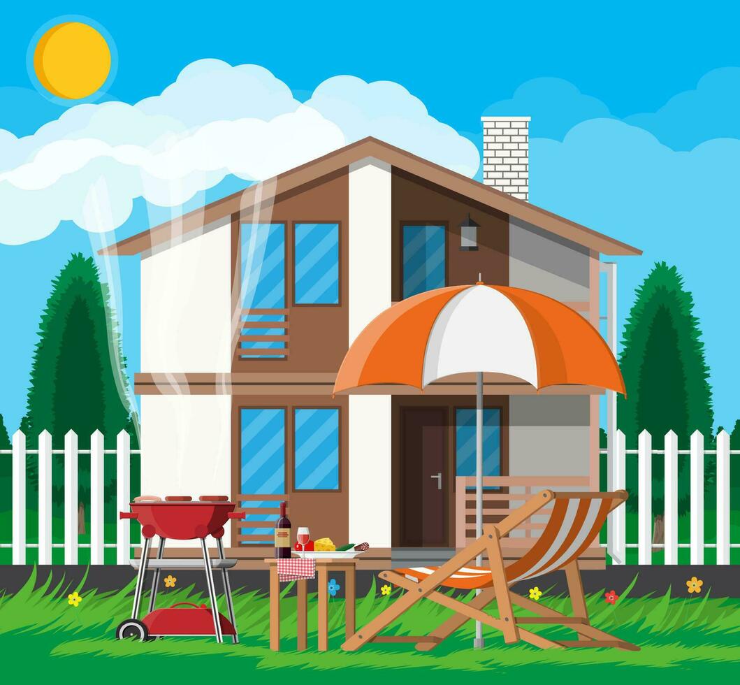 Bbq party. Sun lounger, table with bottle of wine, vegetables and cheese, electric grill with barbecue and umbrella. Cooking steak, meat and sausages, grilling bbq. Vector illustration flat style
