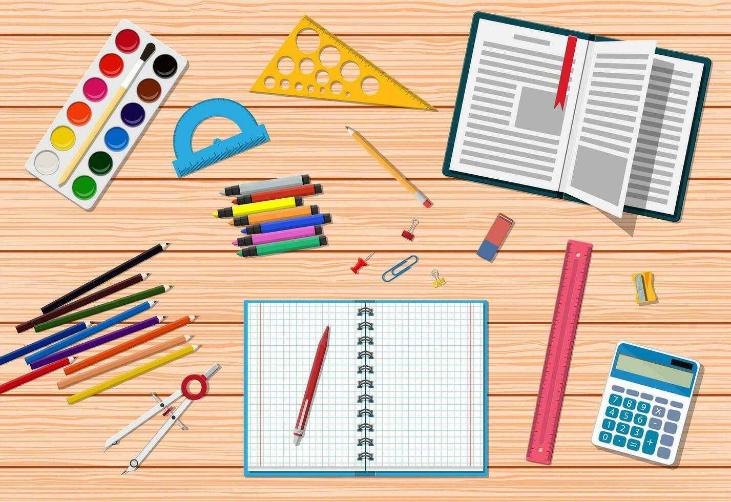 Students wooden desk. School or college education items, studying and educational elements. Note ruler pencil pen book calculator paint eraser sharpener. Back to school. Vector illustration flat style