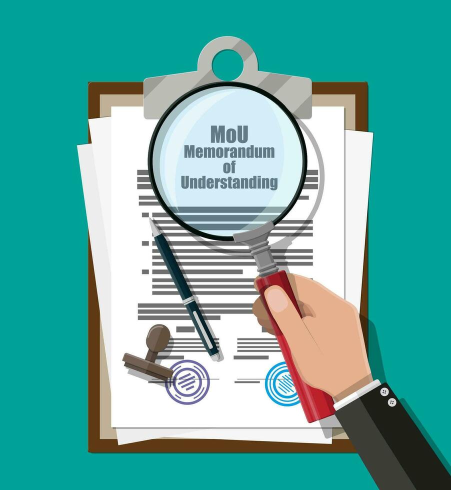 Hand of lawyer with magnifying glass checks memorandum of understanding document. Mou legal papers. Research documents. Contract agreement paper blank with seal, pen. Vector illustration in flat style