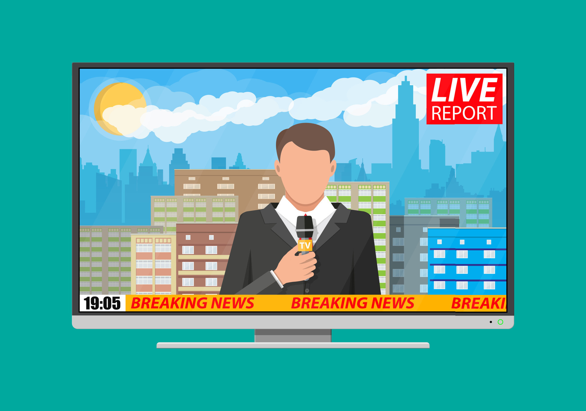 moderno plano pantalla televisión con noticias. paisaje urbano con