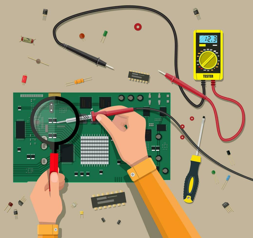 Hands of engineer with digital multimeter and soldering tool checks motherboard. PC hardware. Components for personal computer. Service, recovery, warranty, fixing. Vector illustration in flat style