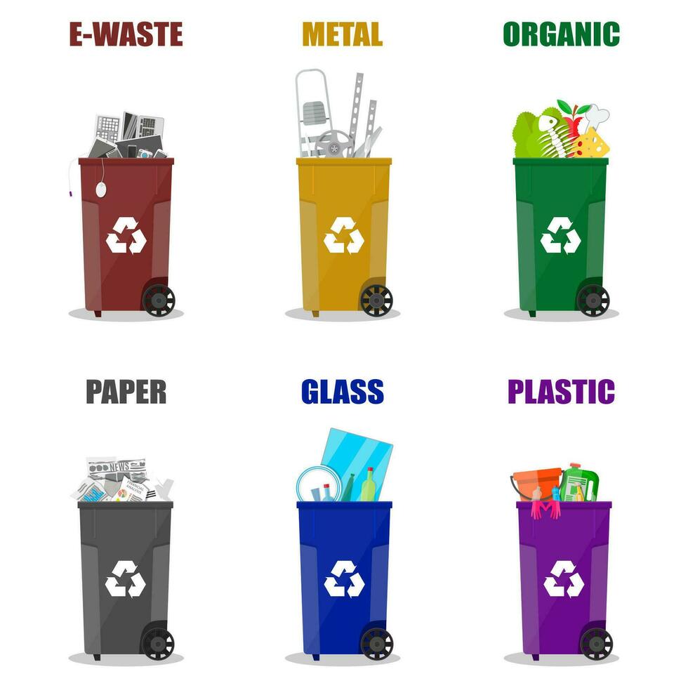 Diffrent waste recycling categories. Garbage bins in differend colors. Metal, glass, e-waste, plastic, paper, organic. vector illustration in flat style isolated on white