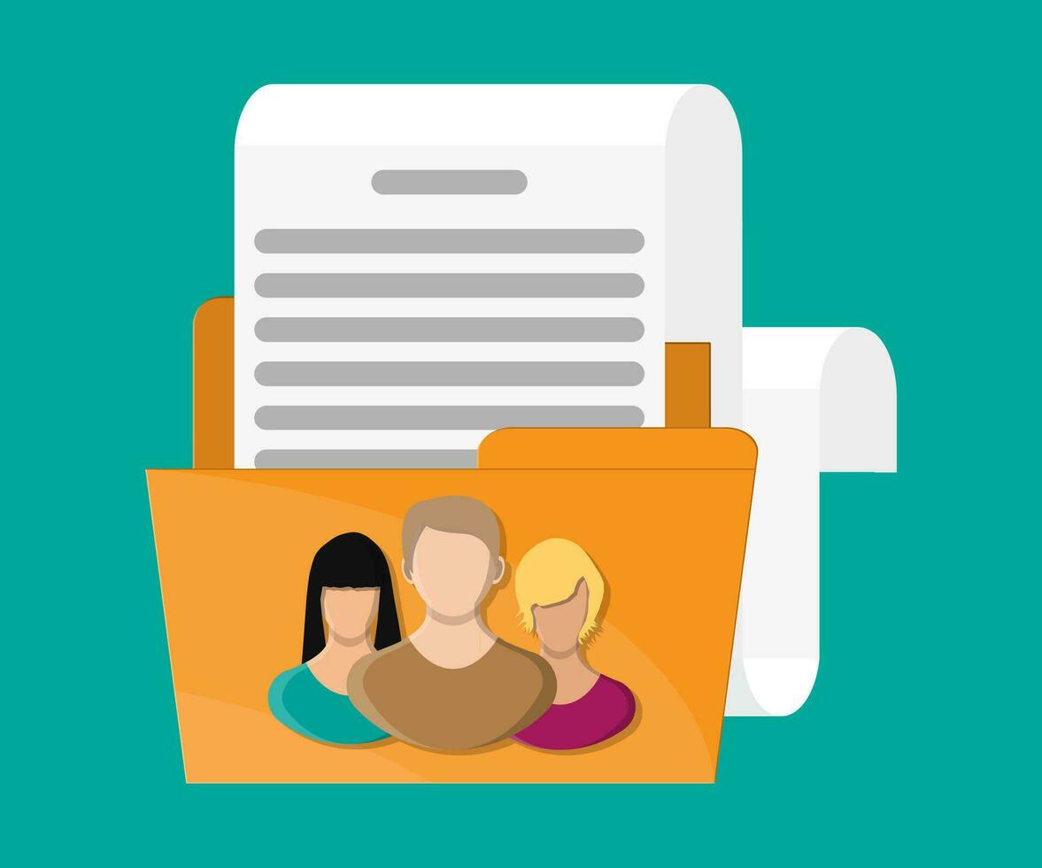 Personal yellow folder with document paper roll. People avatar face symbol inside. Ring binder full of business papers. Auditing, tax process, accounting concept. Vector illustration in flat style