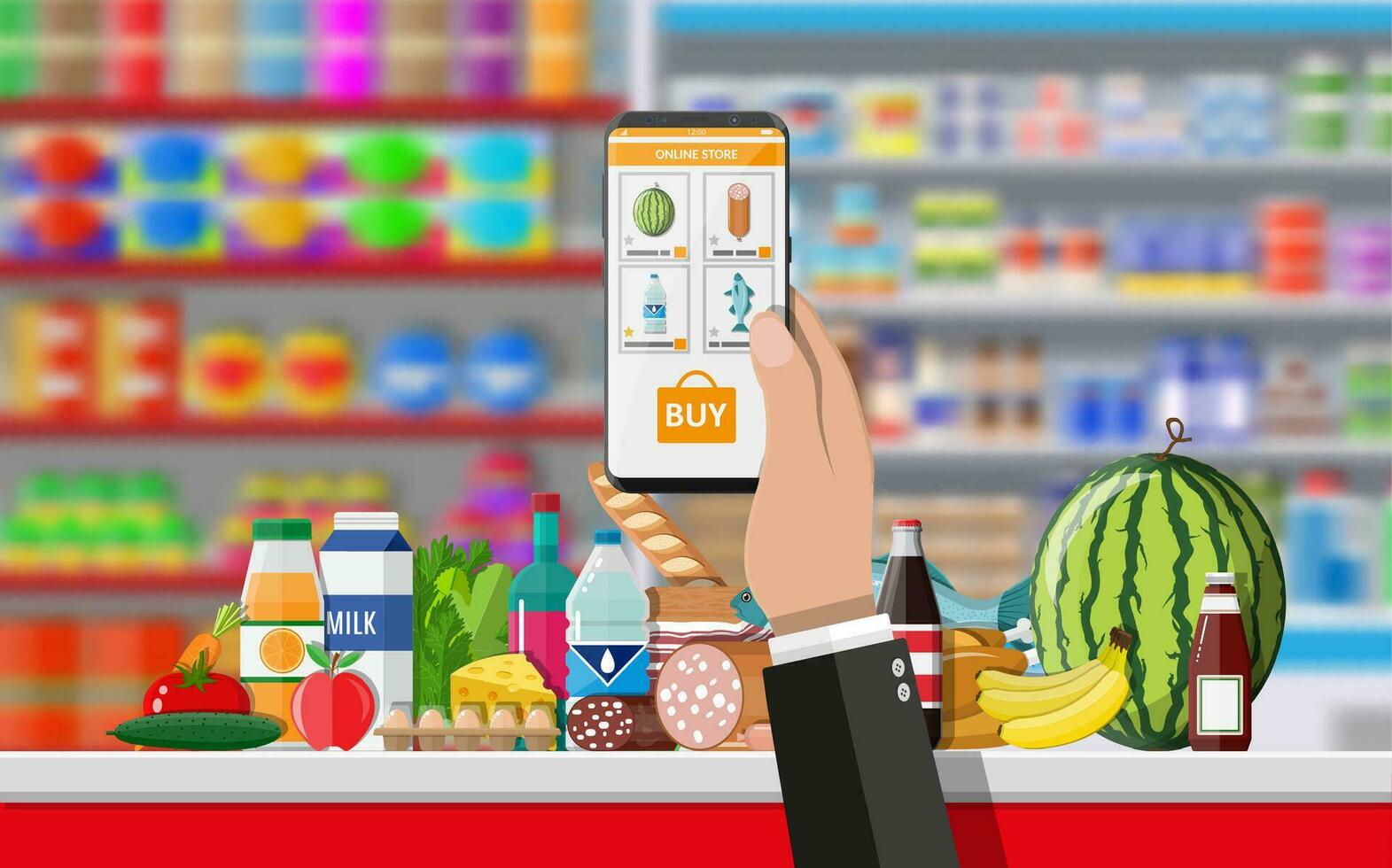 mano participación teléfono inteligente con compras aplicación tienda de comestibles entrega. Internet orden. en línea supermercado interior Tienda adentro. bebidas, alimento, frutas, lechería productos vector ilustración en plano estilo