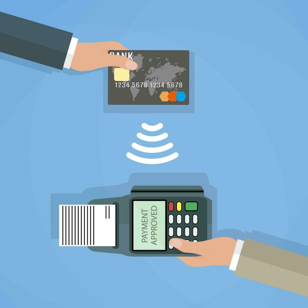 Pos terminal confirms the payment by debit credit card. Vector illustration in flat design on blue background. nfc payments concept