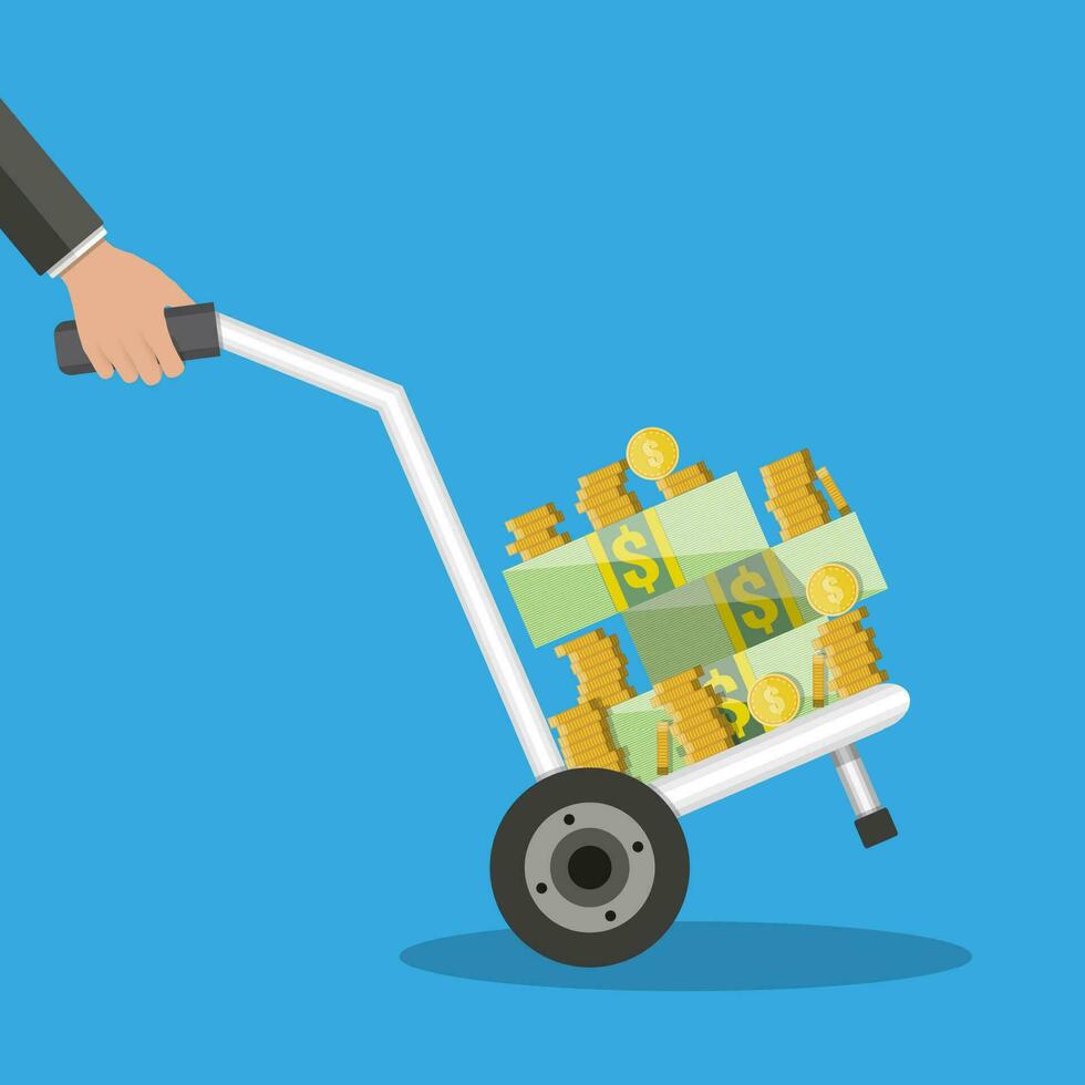 hand truck full of money and coins. vector illustration in flat style on blue background