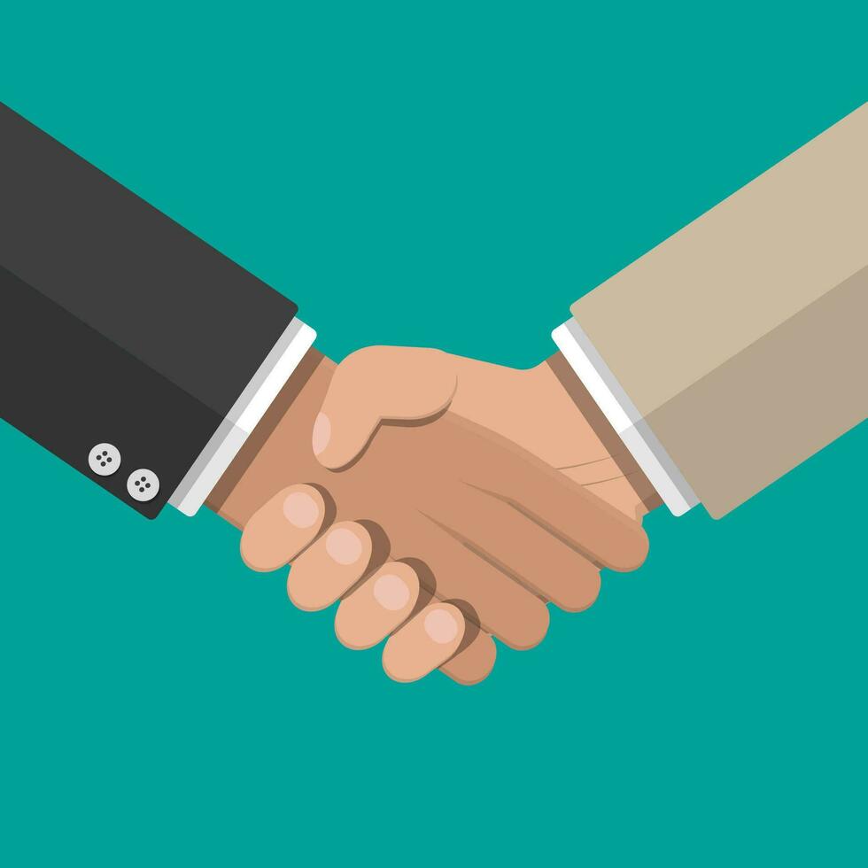 Businessmans handshake. Shaking hands. Successful transaction, deal. Vector illustration in flat style