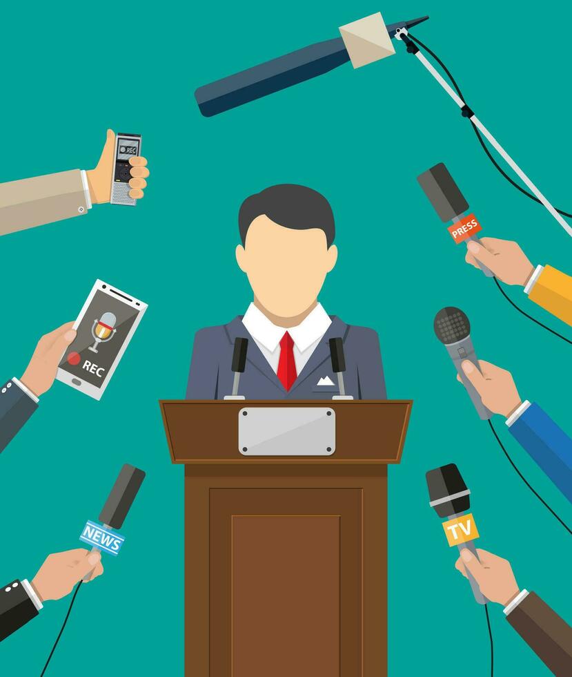 Public speaker and hands of journalists with microphones. Press conference concept, news, media, journalism. vector illustration in flat style on green background