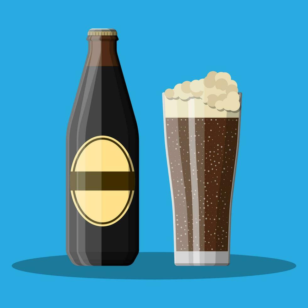 Bottle of dark stout beer with glass. Beer alcohol drink. Vector illustration in flat style