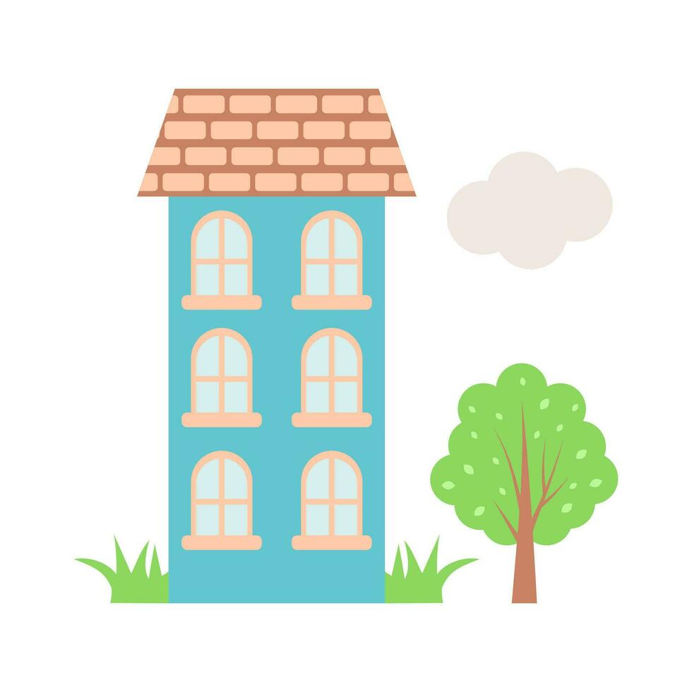 dulce hogar con árbol. de muchos pisos edificio. linda dibujos animados casa. mano dibujado vector ilustración aislado en blanco antecedentes.