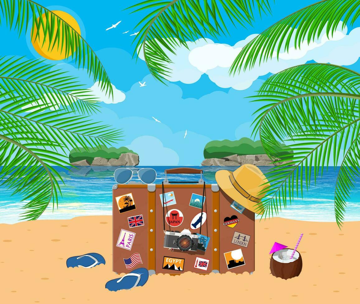 Vintage old travel suitcase on beach. Leather retro bag with stickers. Hat, photo camera, eyeglasses, island palm coconut. Sand beach, sea, cloud, sun. Vacation travel. Vector illustration flat style