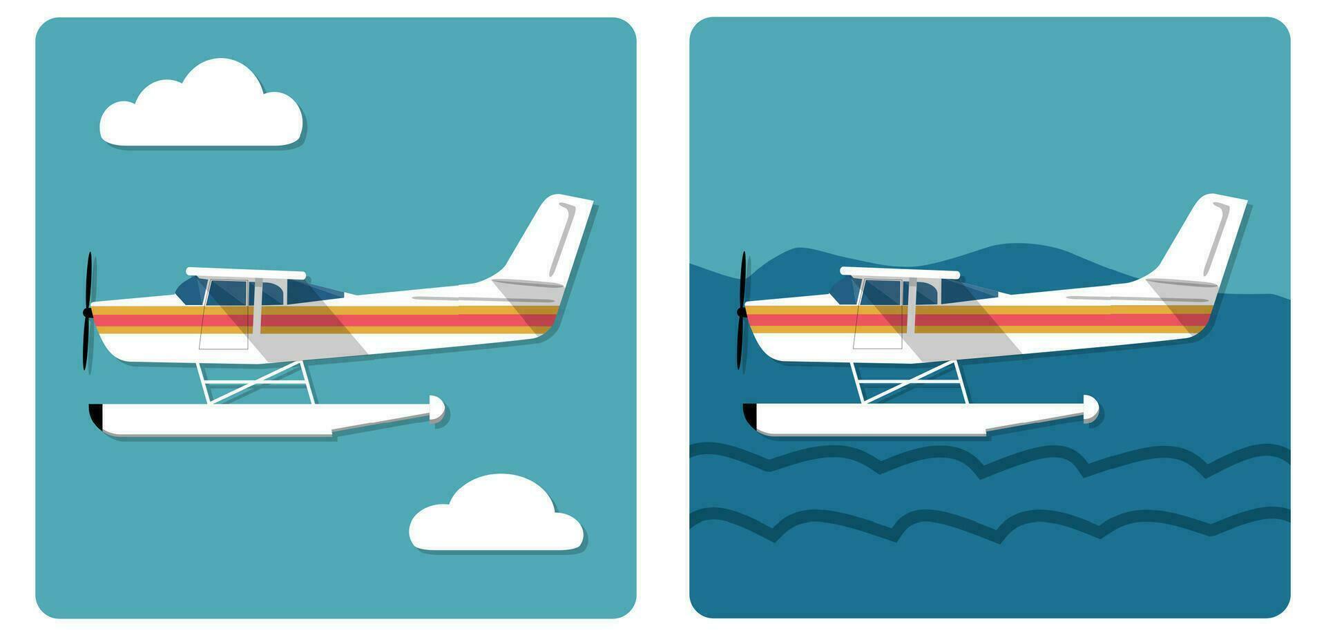 Cool flat design aviation amphibian plane landed on water and flying in the sky vector