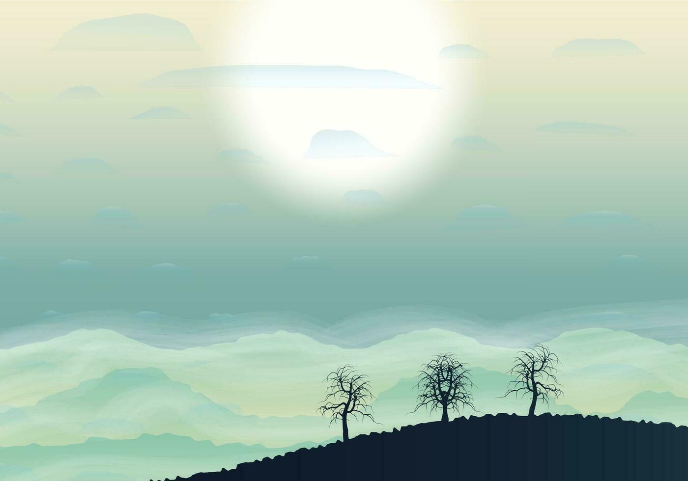 hills and trees shiluette with fog and sun vector illustration