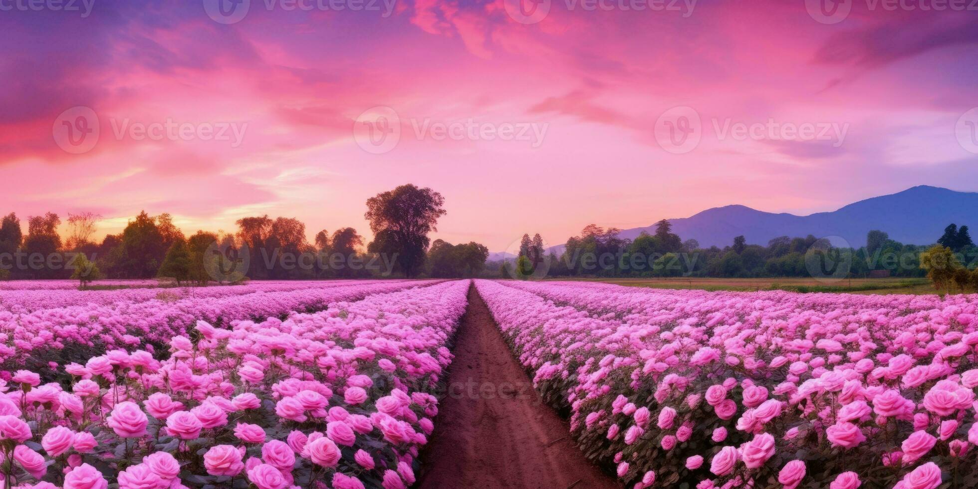 AI generated Rose field in the sunrise morning with beautiful sky photo