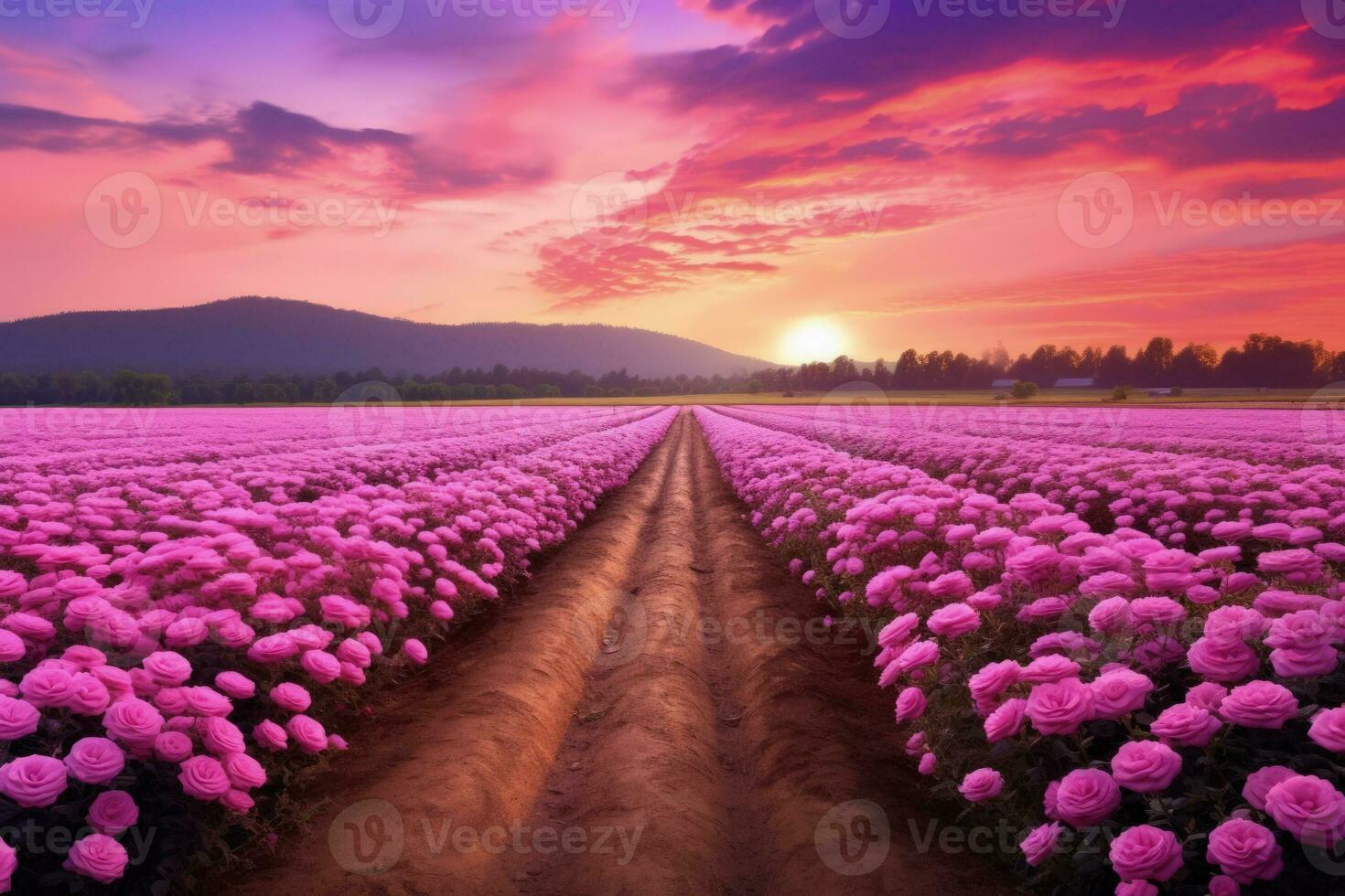 AI generated Rose field in the sunrise morning with beautiful sky photo