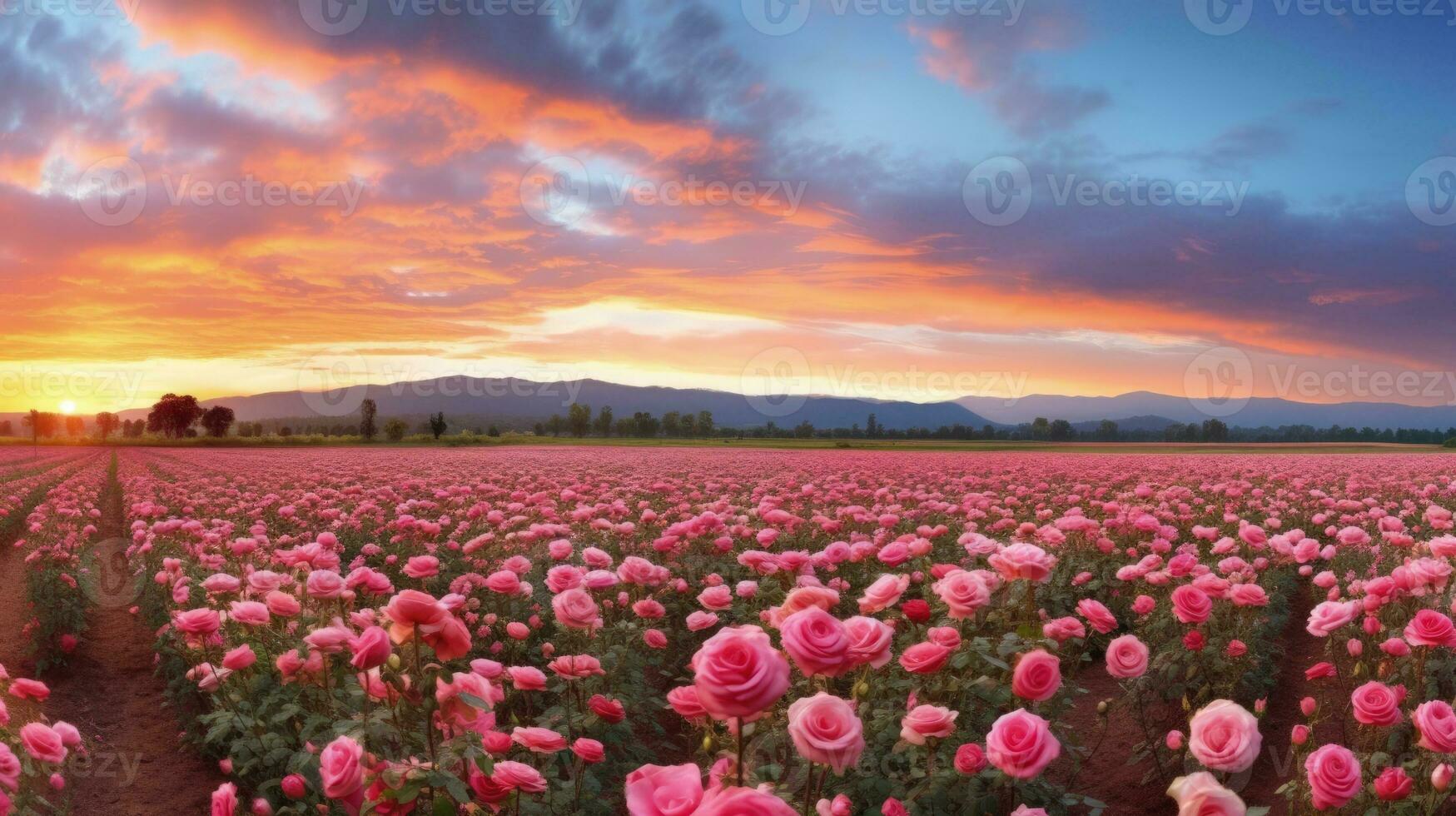 ai generado Rosa campo en el amanecer Mañana con hermosa cielo foto