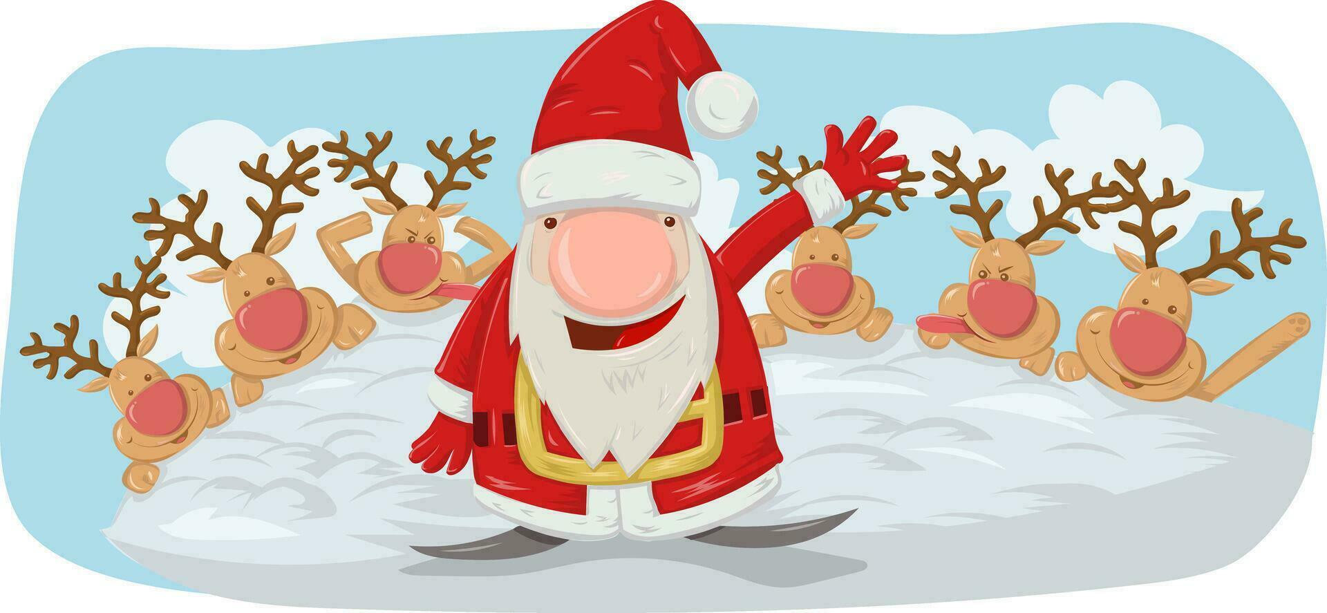 Papa Noel claus con divertido reno, Navidad personaje. vector ilustración