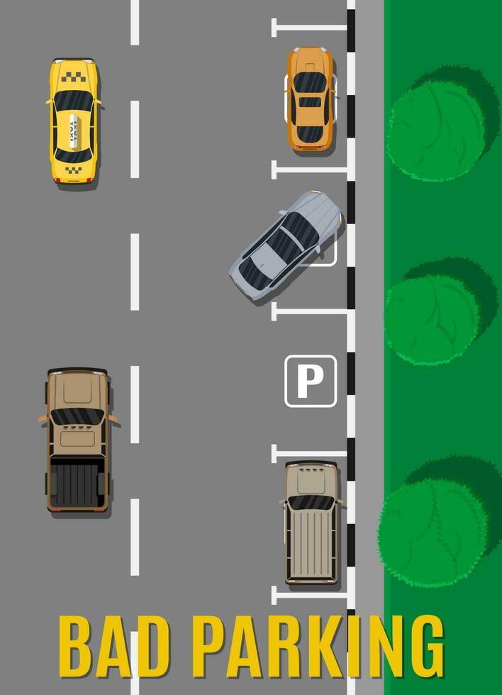 ciudad estacionamiento lote con diferente carros. escasez estacionamiento espacios. estacionamiento zona parte superior ver con vehículos malo o incorrecto coche estacionamiento. tráfico reglamentos reglas de el la carretera. vector ilustración en plano estilo