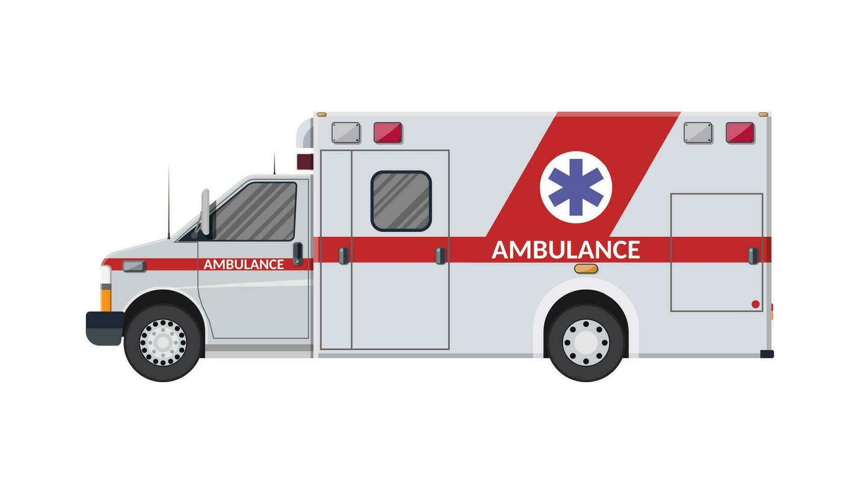Ambulance car. Emergency vehicle. Hospital transport. Healthcare, hospital and medical diagnostics. Urgency and emergency services. Vector illustration in flat style