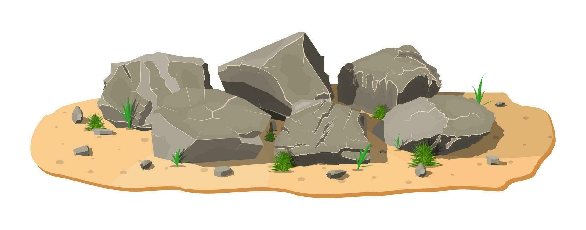 Pile of rock stone with grass on sand. Stones and rocks in variuos sizes. Set of different boulders. Vector illustration in flat style