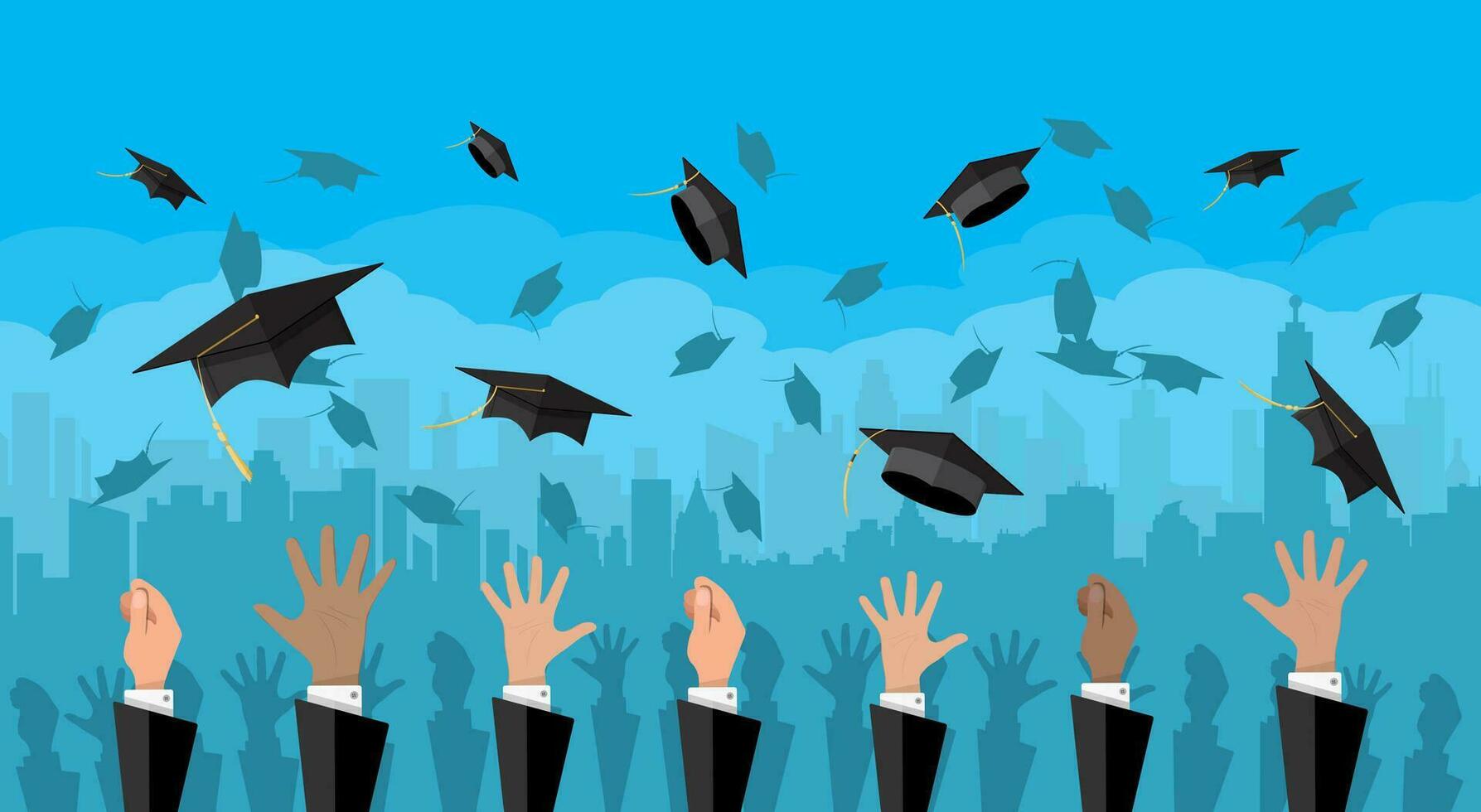 Hands of graduates throwing graduation hats in the air. Concept of education. College or university ceremony. Cityscape. Vector illustration in flat style