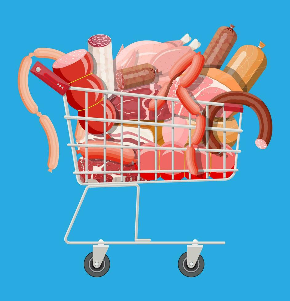 compras supermercado carro lleno de carne. cortar, salchichas, tocino, jamón. jaspeado carne carne de res. Carnicero comercio, asador, granja orgánico productos tienda de comestibles alimento. Cerdo Fresco filete. vector ilustración plano estilo