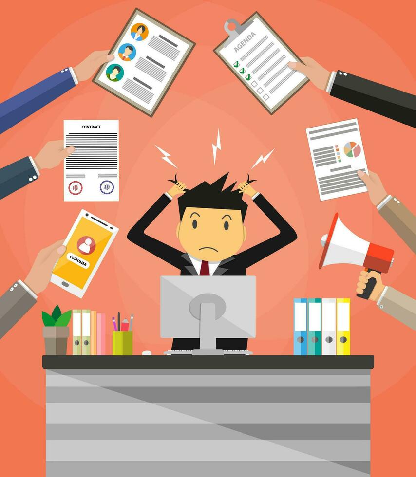 Stressed cartoon businessman in pile of office papers and documents tearing his hair out. Office workplace with pc monitor. Stress at work. Overworked. Vector illustration in flat design