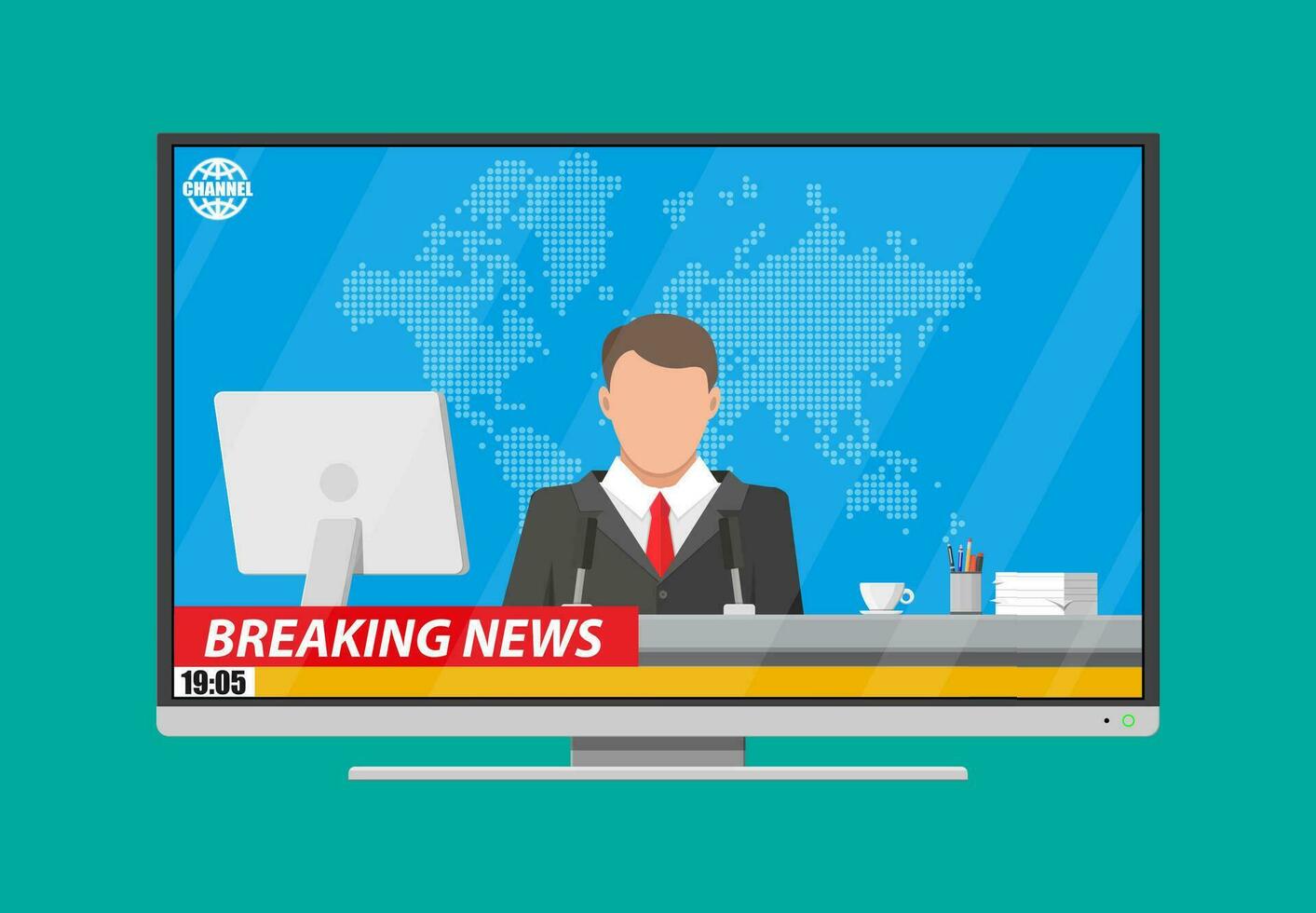 Modern flat screen tv with news, desktop pc, coffee, world map. News announcer in the studio. Journalism, live report, breaking hot news, television and radio casts. Vector illustration in flat style