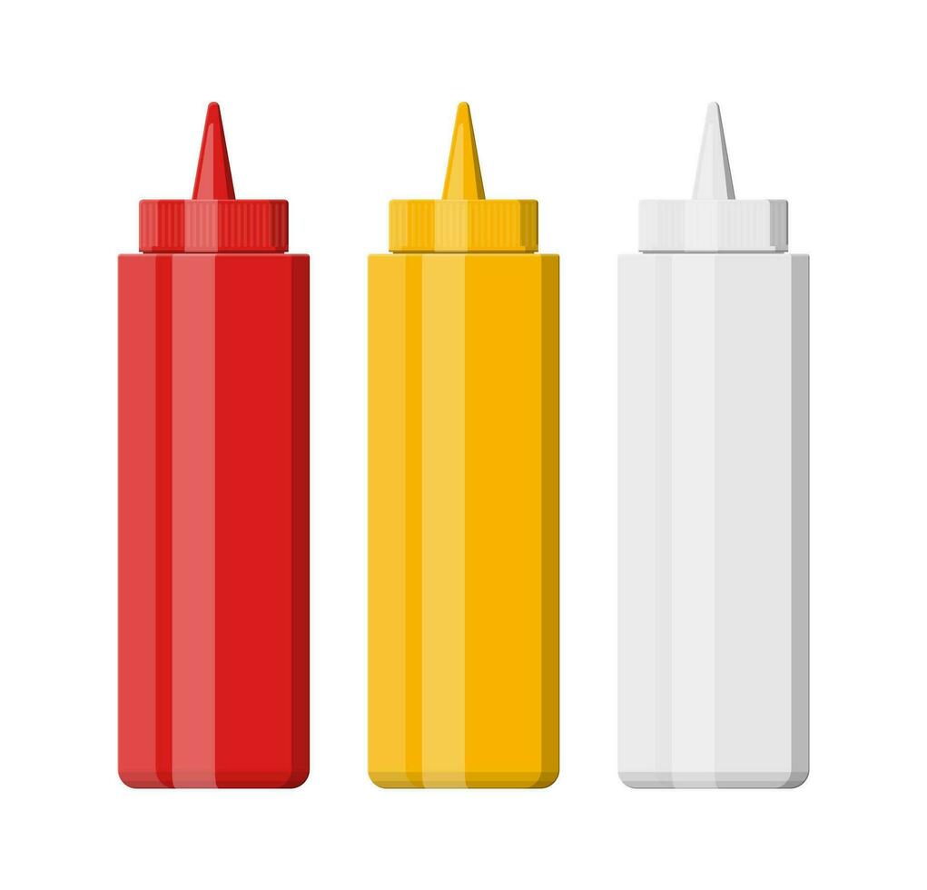 conjunto de blanco el plastico botellas para rápido alimento. mayonesa, mostaza, salsa de tomate. blanco, rojo, bien contenedores para salsas y apósitos. vector ilustración en plano estilo