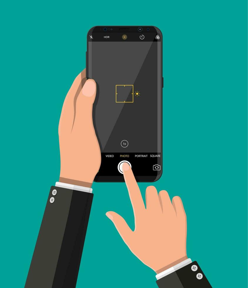 Modern smartphone with camera application. User interface of camera viewfinder. Focusing screen in recording time. Gallery, hdr, quality, image stabilization icon, ui. Vector illustration flat style