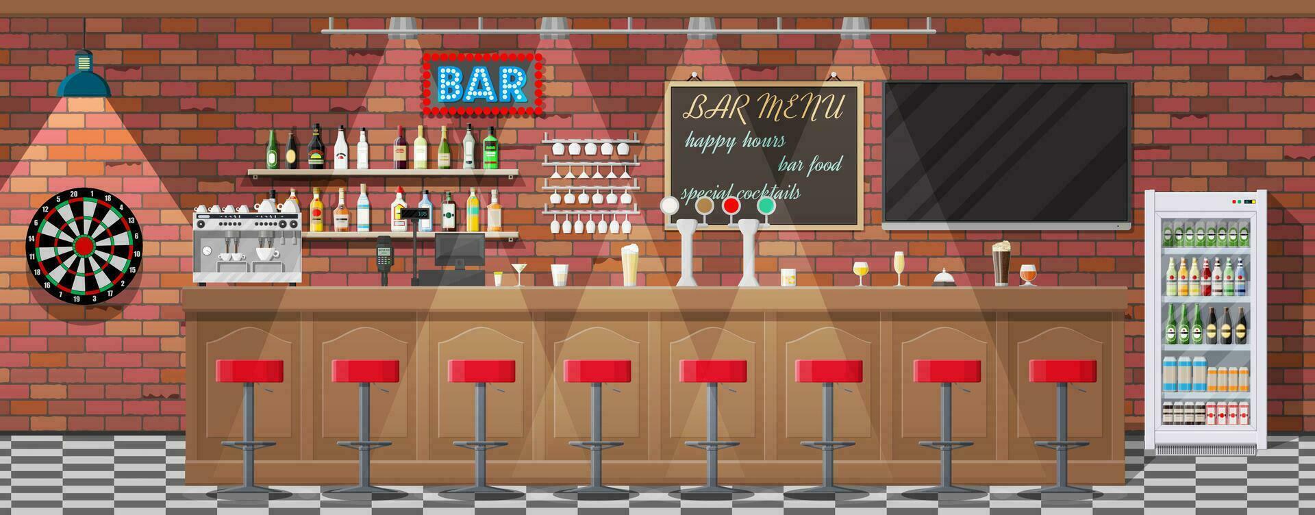 Drinking establishment. Interior of pub, cafe or bar. Bar counter, chairs and shelves with alcohol bottles. Glasses, tv, dart, fridge and lamp. Wooden decor. Vector illustration in flat style.