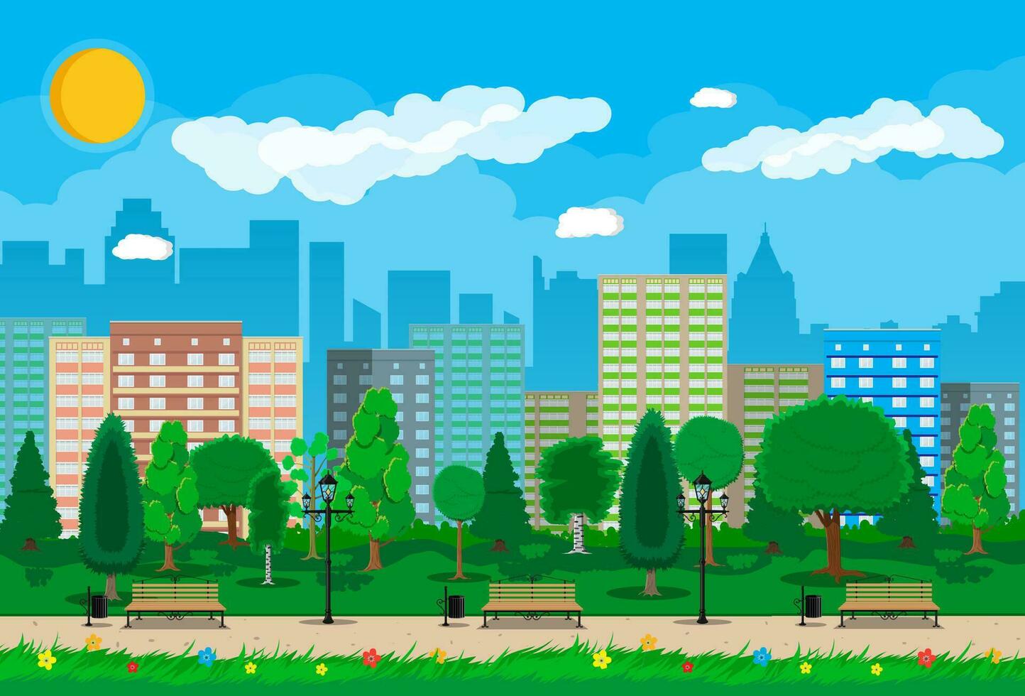 City park concept, wooden bench, street lamp, waste bin in square. Cityscape with buildings and trees. Sky with clouds and sun. Leisure time in summer city park. Vector illustration in flat style