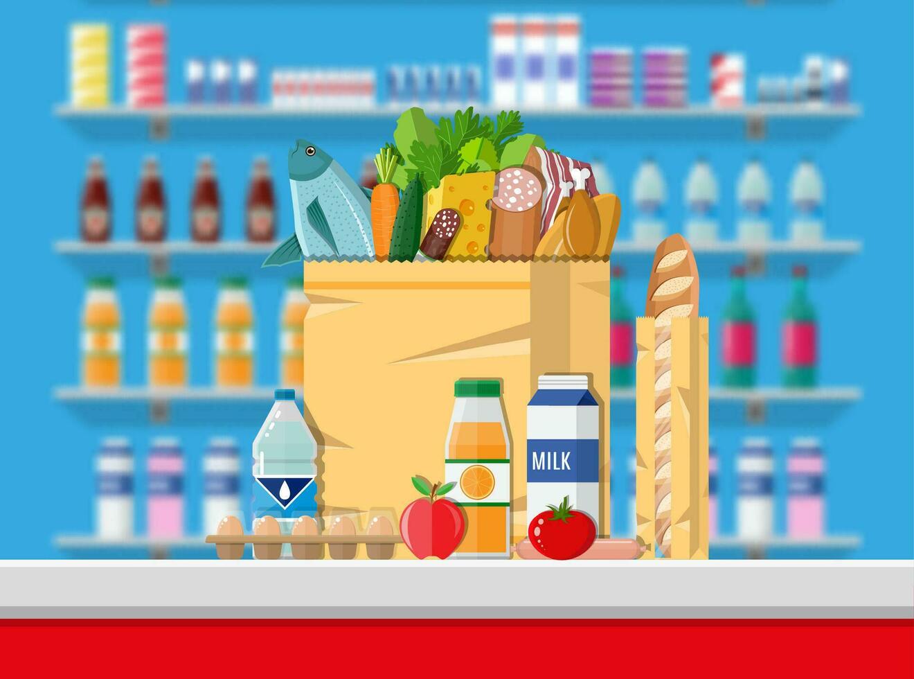 Supermarket interior. Cashier counter workplace. Food and drinks. Shelves with products. Vector illustration in flat style