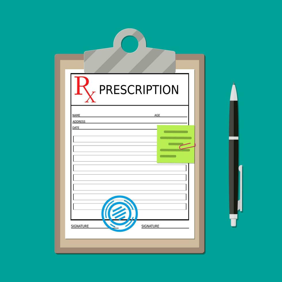 Clipboard with prescription document and pen. Rx form. Healthcare, hospital and medical diagnostics concept. Vector illustration in flat style