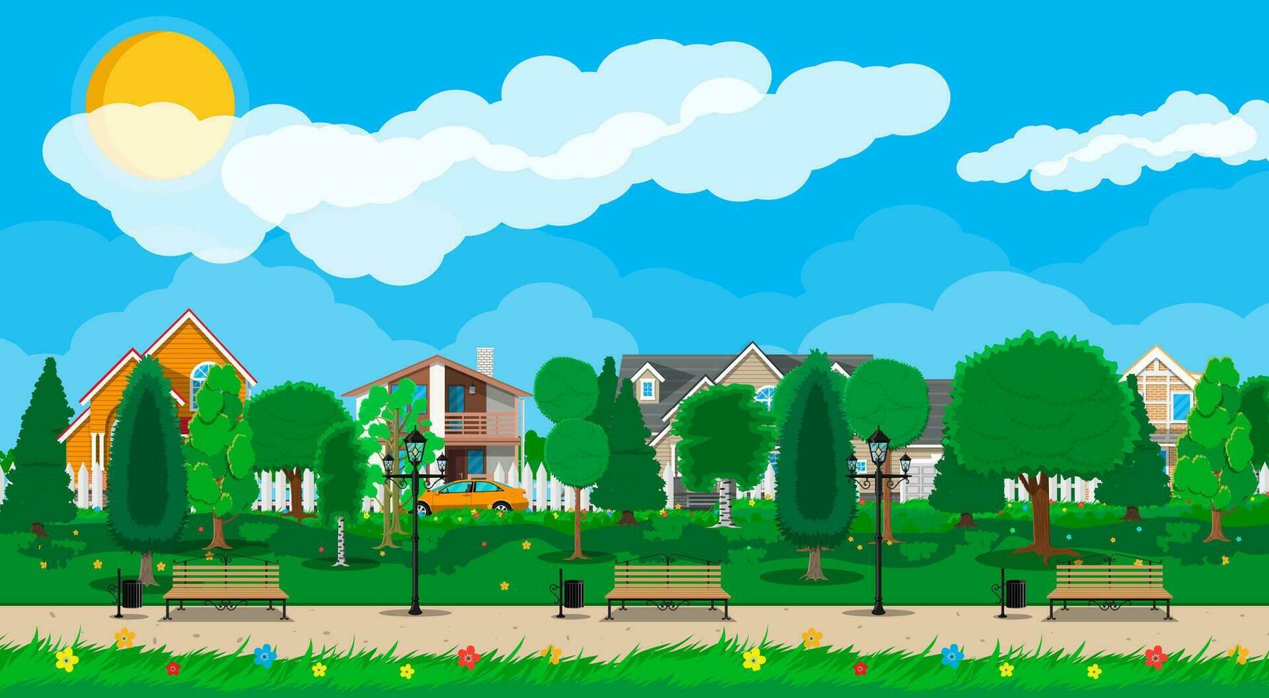 Suburb concept, wooden bench, street lamp, waste bin in square. Cityscape with buildings and trees. Sky with clouds and sun. Leisure time in summer city park. Vector illustration in flat style