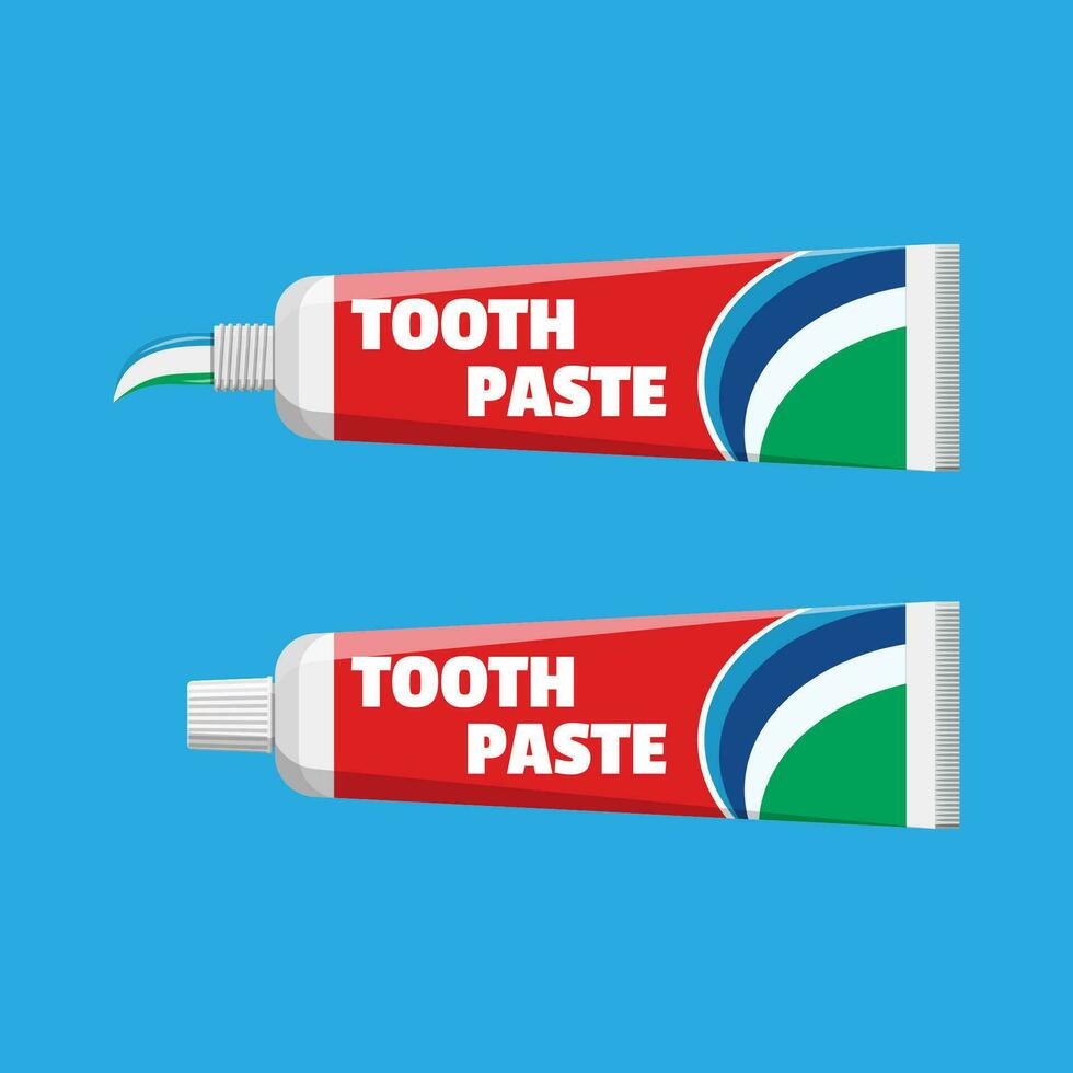 Tube with squeezed paste. Package with tooth paste. Dental equipment. Hygiene and oralcare. Vector illustration in flat style