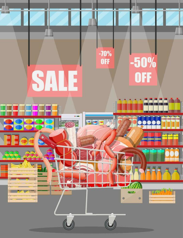 Meat products in supermarket cart. Meat store butcher shop showcase counter. Sausage slices product. Delicatessen gastronomic product of beef pork chicken salami. Vector illustration flat style