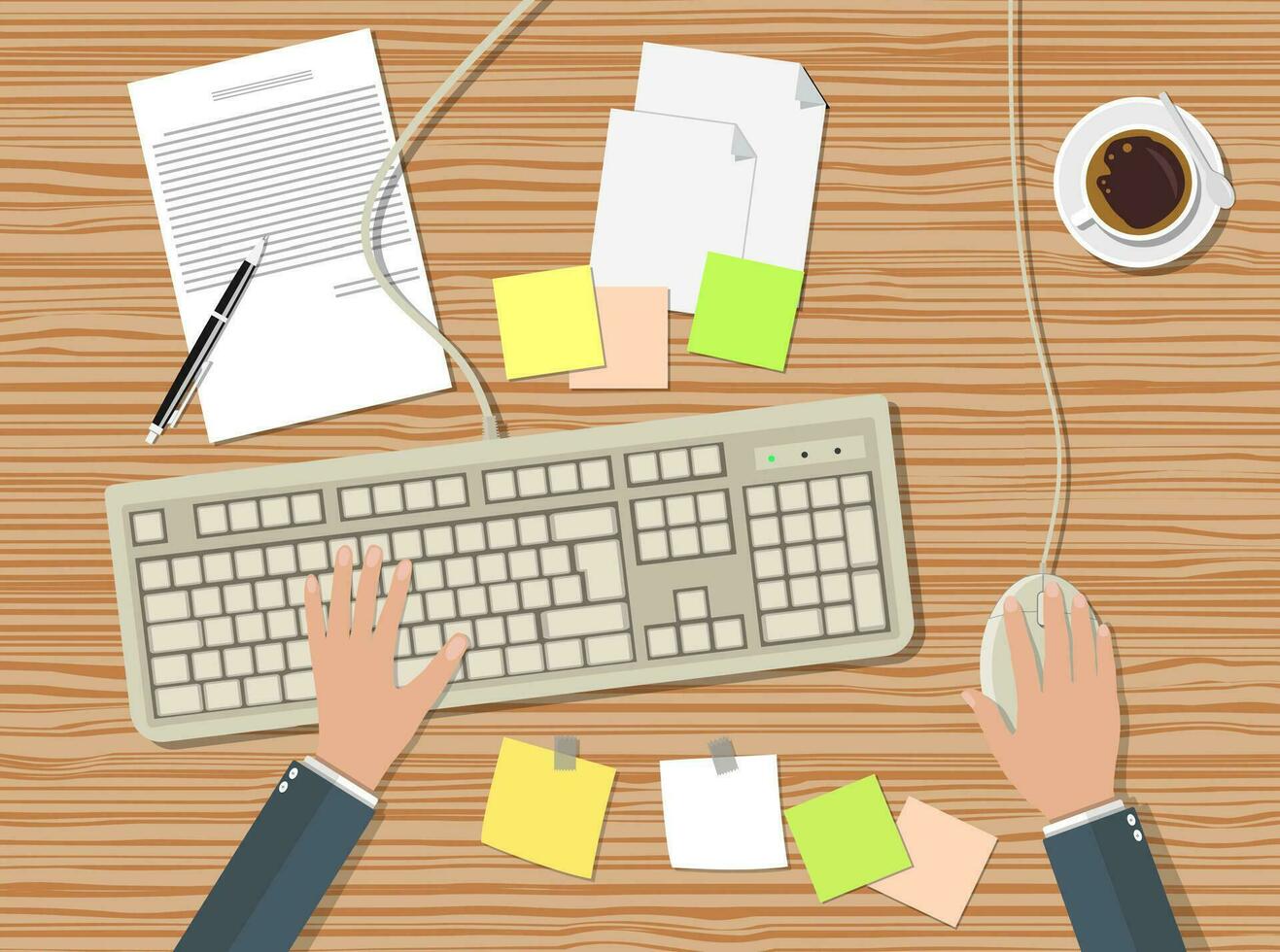 businessman working at a computer, office workplace with keyboard, mouse, coffee cup, documents papers, color stycky notes. vector illustration in flat design on wooden background