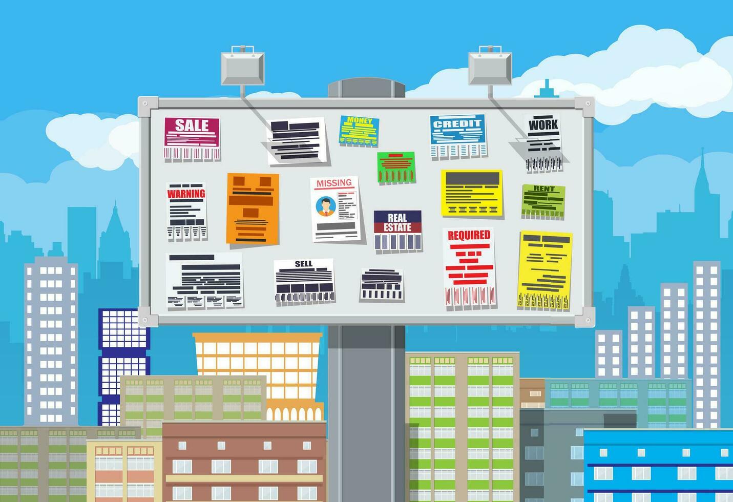 Various tear off papers ad on bulletin board. Advertisement and announcement in big city. Cityscape. Sell, rent, missing human, credit, work, money. Vector illustration in flat style