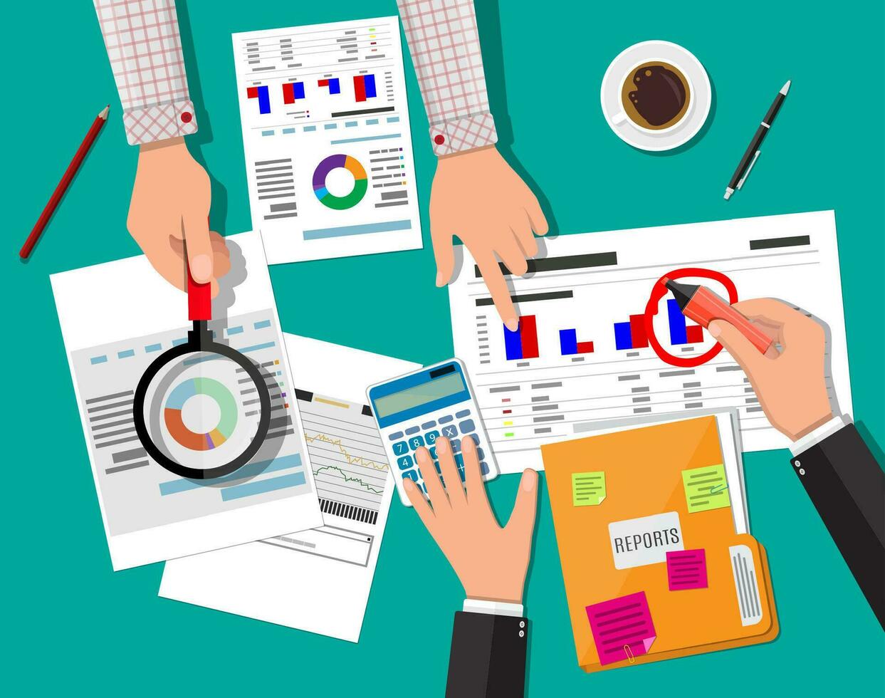 Hand with magnifying glass and calculator, analysis of financial report. Financial audit concept. Calculation. Auditing tax process. Business background. Vector illustration in flat design