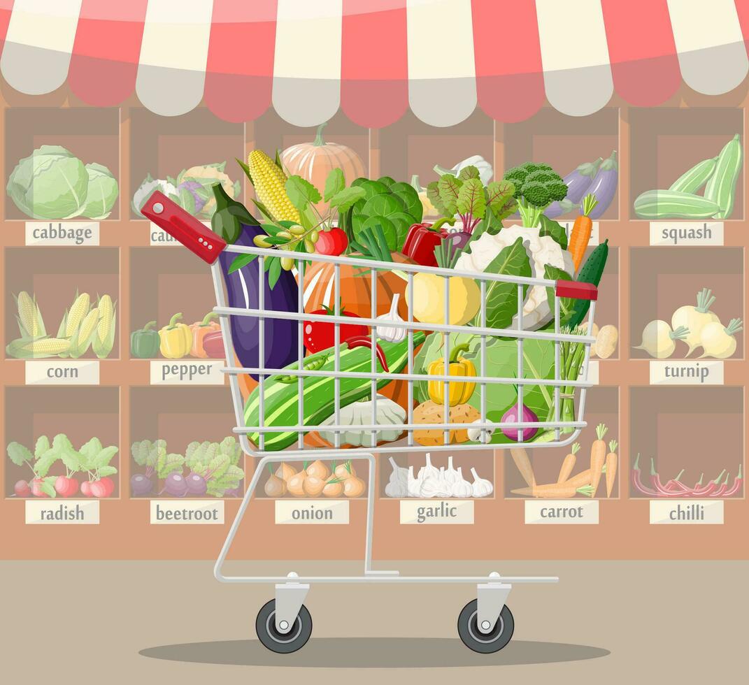 Supermarket store interior with vegetables in shopping cart. Big shopping mall. Interior store inside. Checkout counter, grocery, drinks, food, dairy products. Vector illustration in flat style