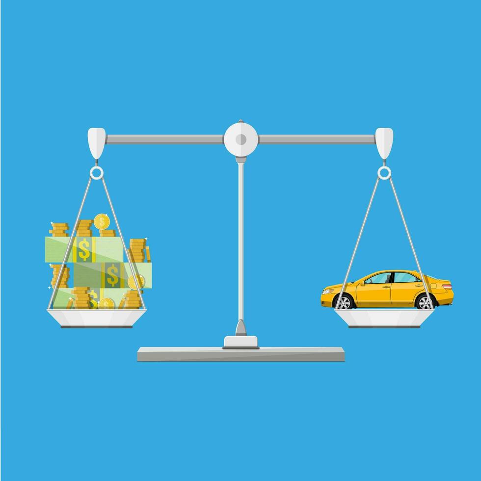 Scales with car and money coins cash, vector illustration in flat style