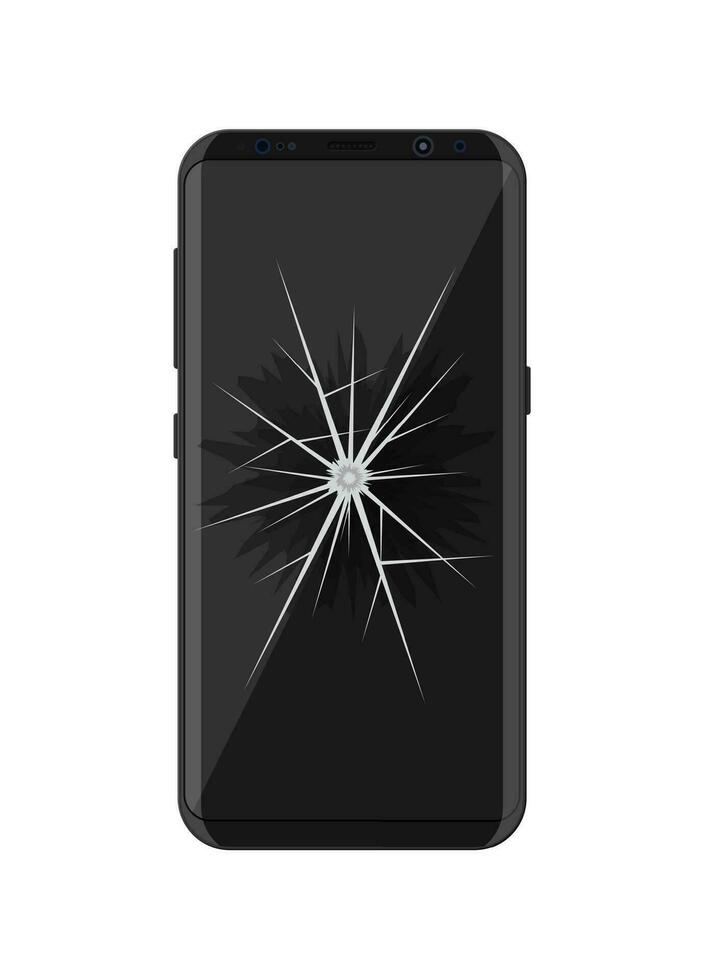 Smartphone with cracked screen. Damaged display. Broken glass touchscreen phone. Vector illustration in flat style