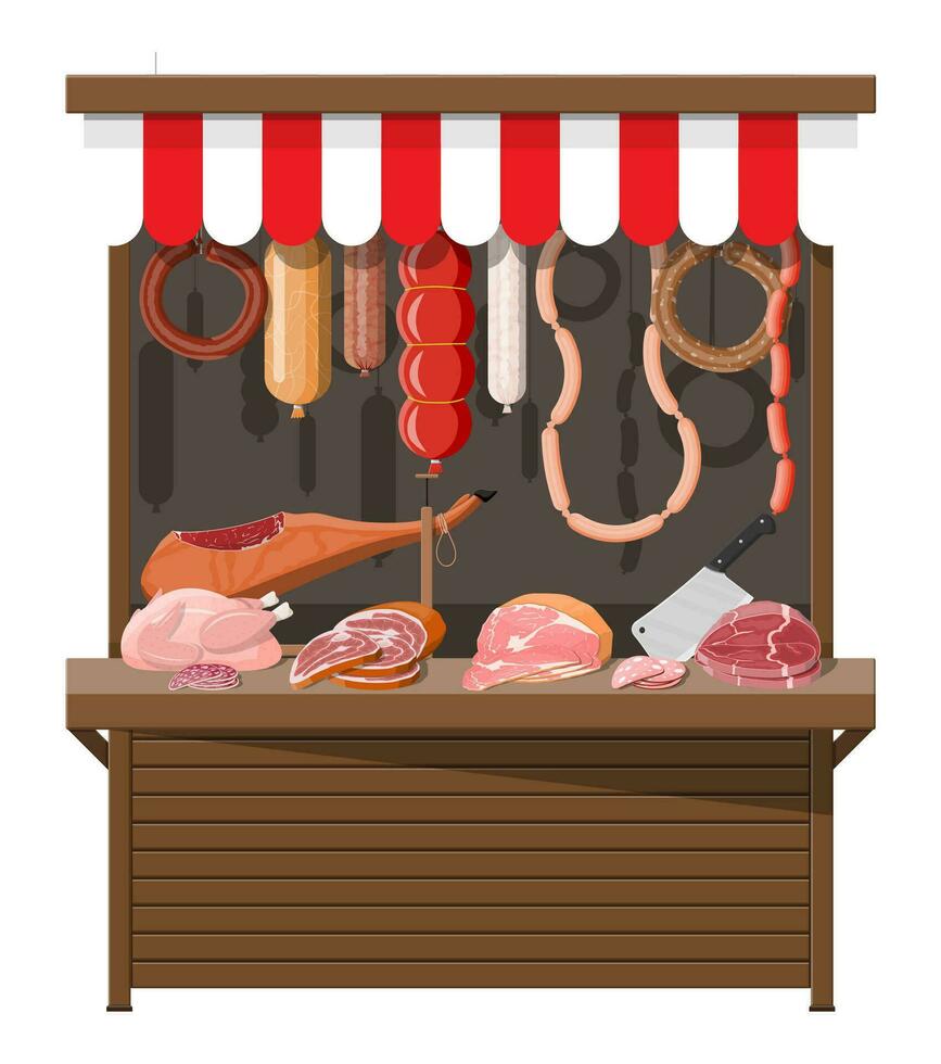 Meat street market. Meat store stall. Butcher shop or showcase counter. Sausage slices product. Delicatessen gastronomic product of beef pork chicken. Pepperoni salami. Vector illustration flat style