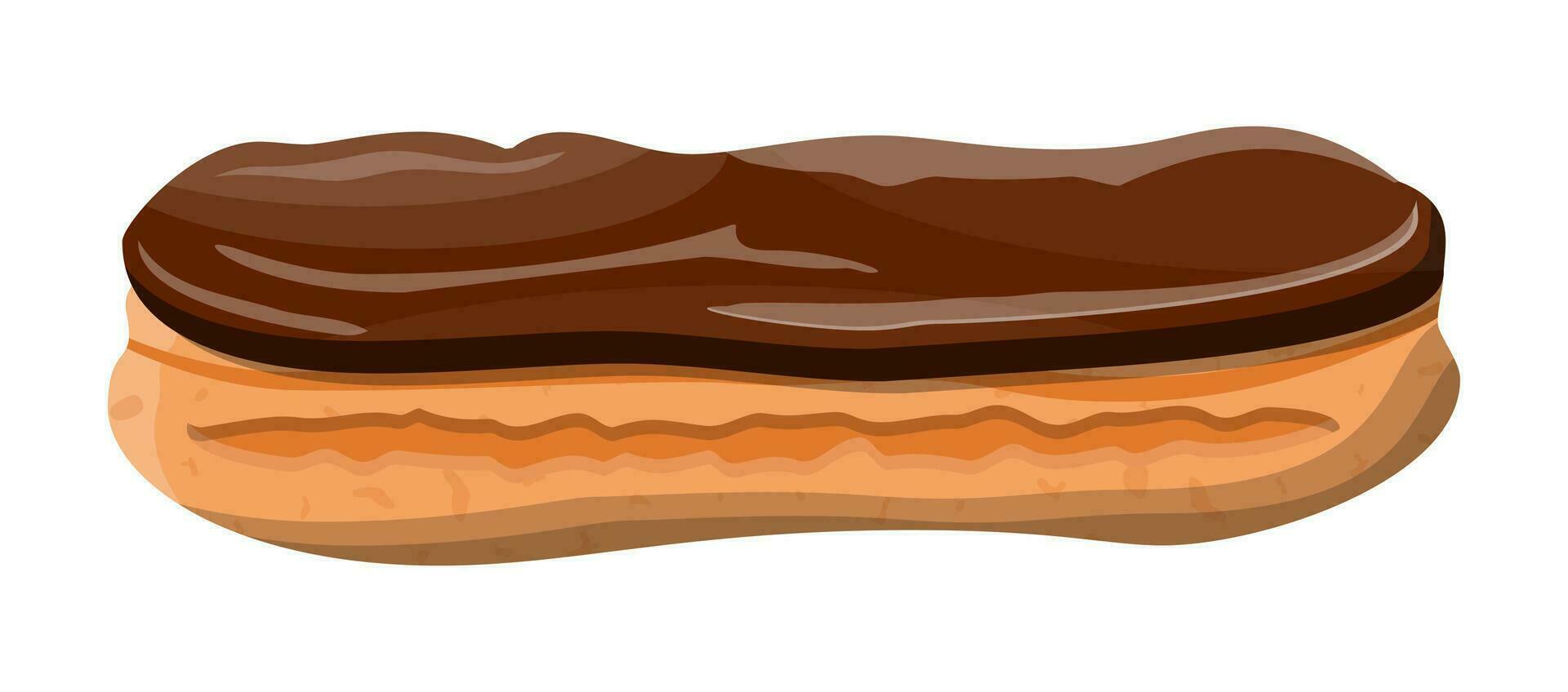 Eclair brewing cake. Sweet eclair with chocolate glaze and custard cream. Tasty dessert. Bread baked food. Bakery shop, pastry. Vector illustration in flat style