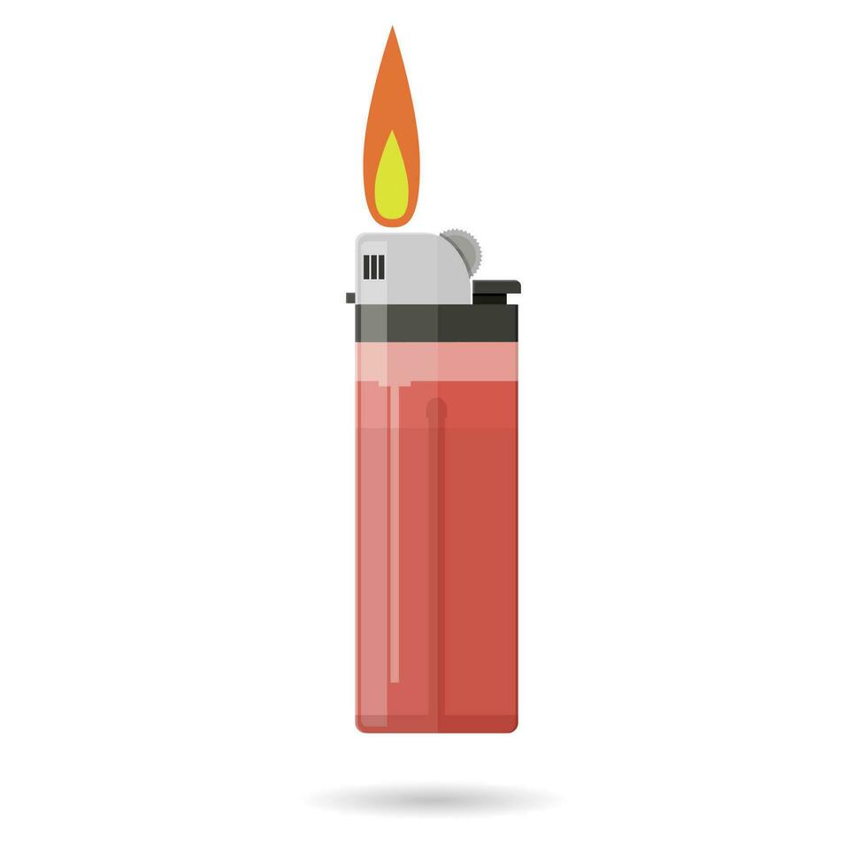 dibujos animados rojo bolsillo encendedor con fuego. encendedor icono. ardiente encendedor. moderno combustible encendedor. vector ilustración en plano diseño aislado en blanco antecedentes